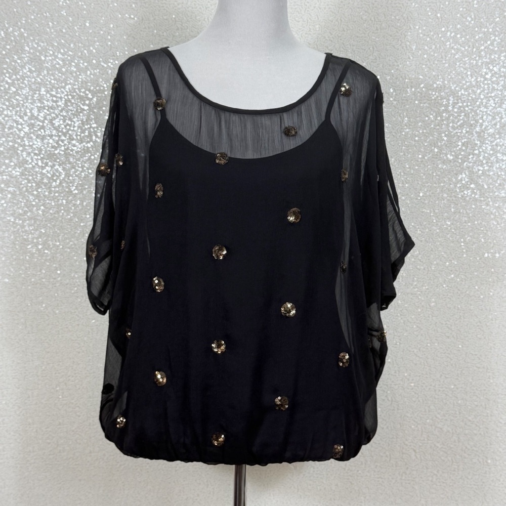 Nine West Black Sheer Chiffon Blouse Gold Sequin Overlay | Dolman Sleeve